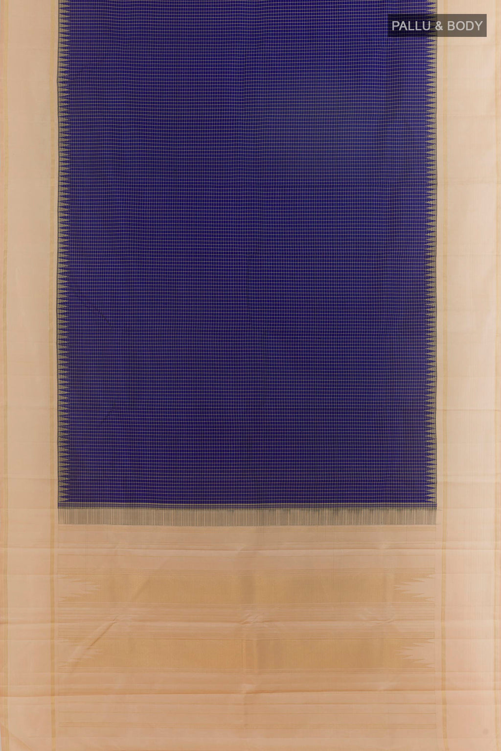 Flat view of Pure Silk Blue Kanjivaram Saree with Checked design on the body and Zari Border. 