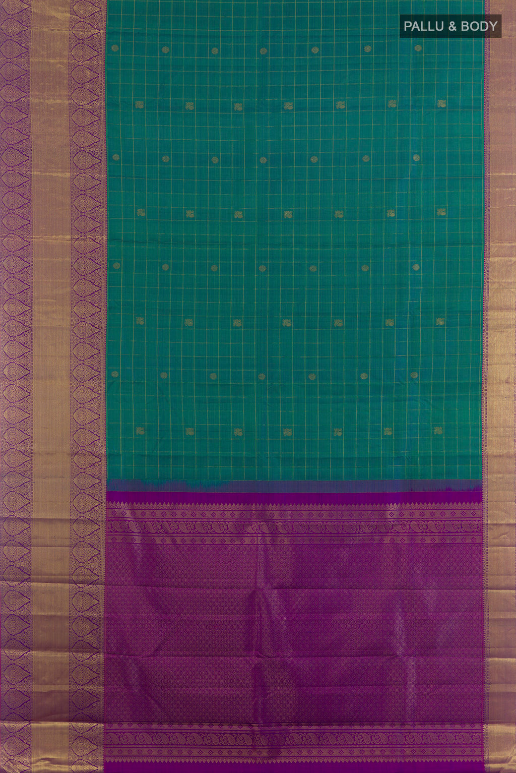 Flat view of Pure Silk Sea Green Kanjivaram Saree with Checked design on the body and Zari Border. 