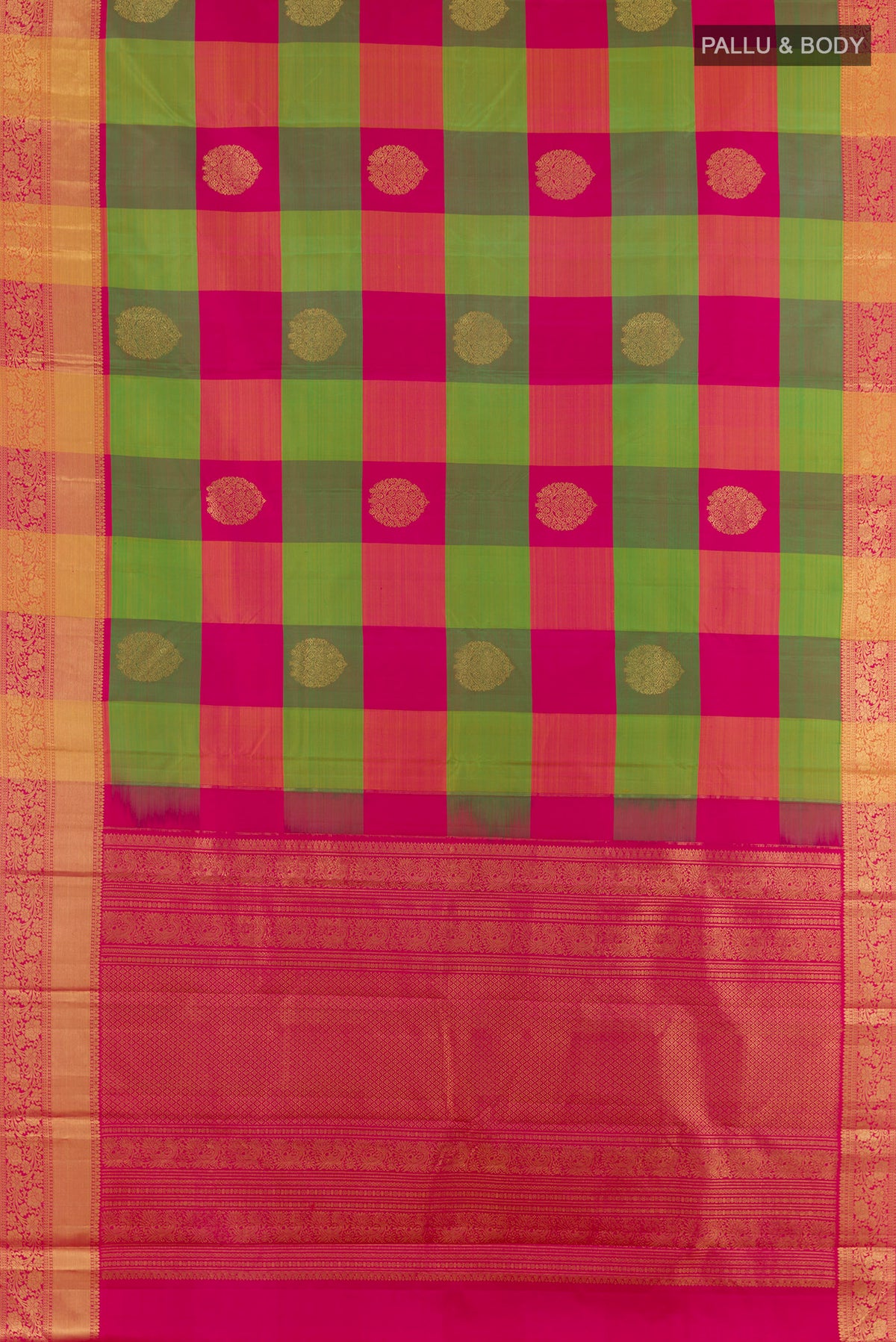 Flat view of Pure Silk Multi Color Kanjivaram Saree with Checked design on the body and Zari Border. 