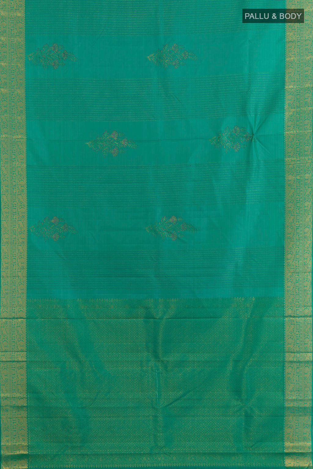 Flat view of Pure Silk Sea Green Kanjivaram Saree with Zari Butta on the body and Zari Border. 
