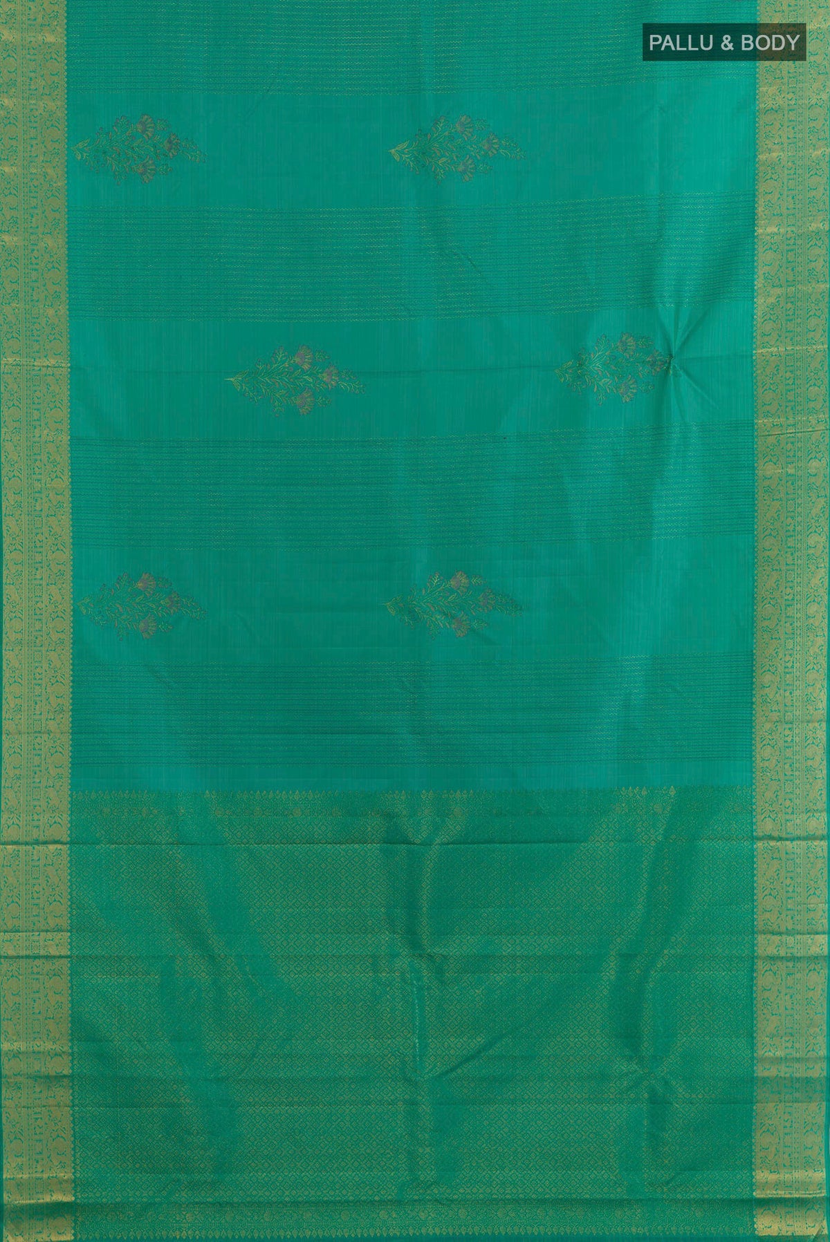 Flat view of Pure Silk Sea Green Kanjivaram Saree with Zari Butta on the body and Zari Border. 