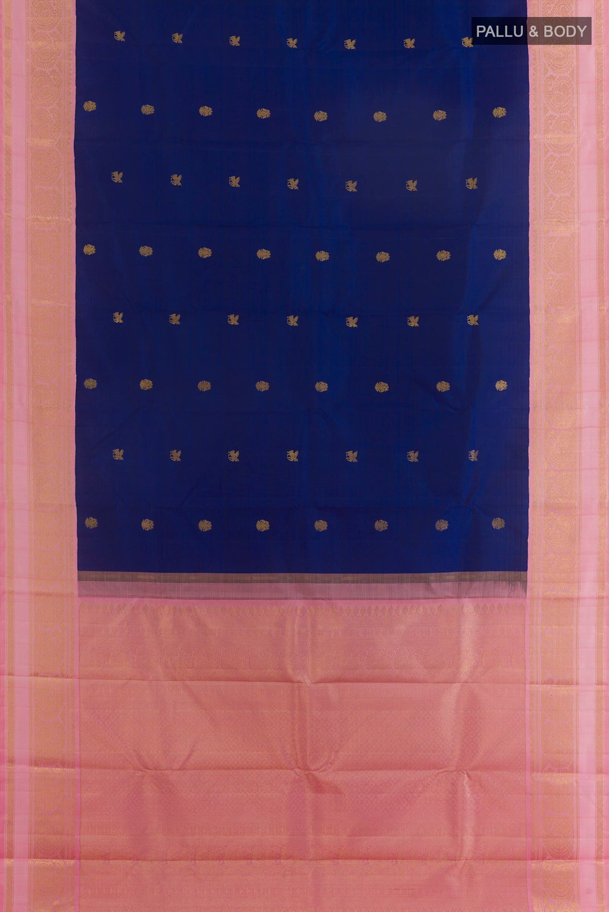 Flat view of Pure Silk Blue Kanchipuram Saree with Zari Butta on the body and Zari Border. 