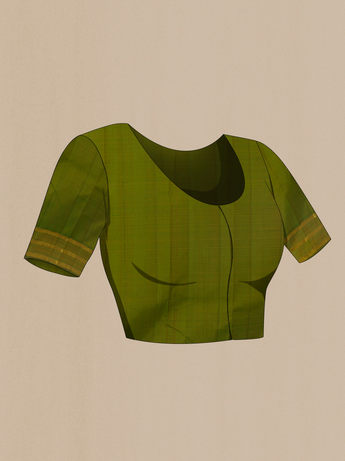 Close up image of the blouse of Pure Silk Mustard Kanchipuram Saree with Plain Body and Zari Border. 
