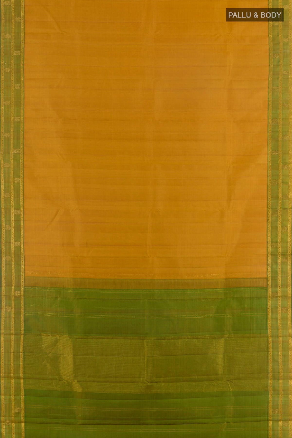 Flat view of Pure Silk Mustard Kanchipuram Saree with Plain Body and Zari Border. 
