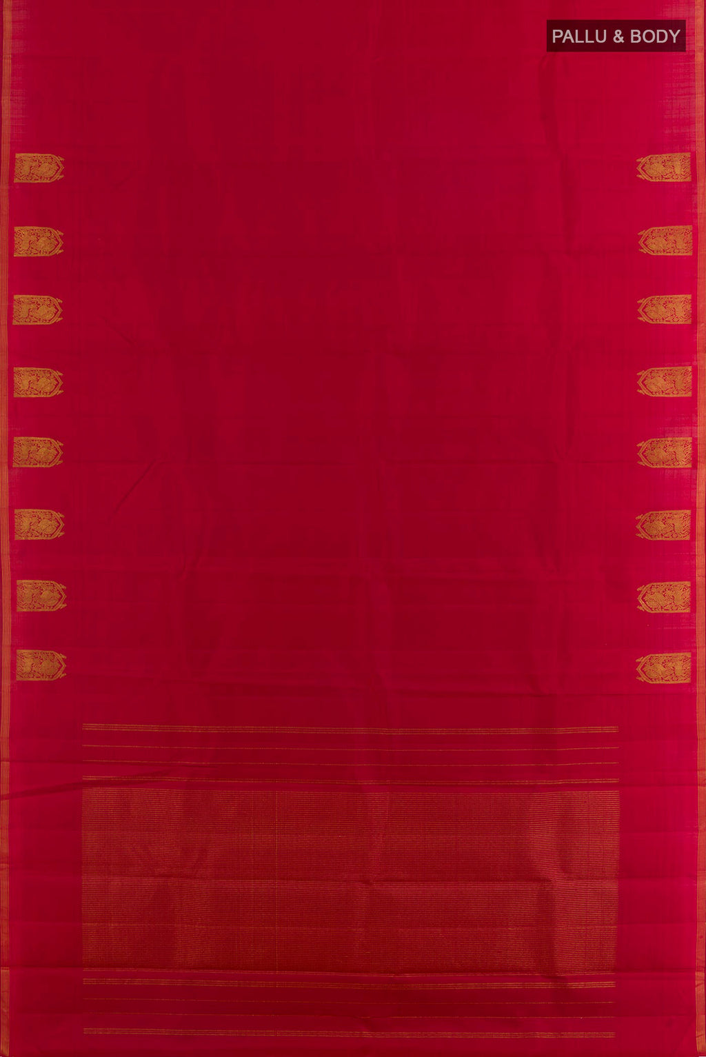 Flat view of Pure Silk Red Kanchipuram Saree with Plain Body and Zari Border. 