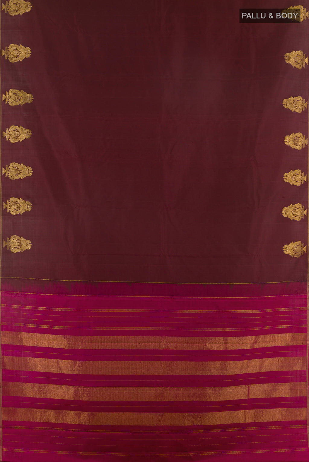 Flat view of Pure Silk Brown Kanchipuram Saree with Plain Body and Zari Border. 