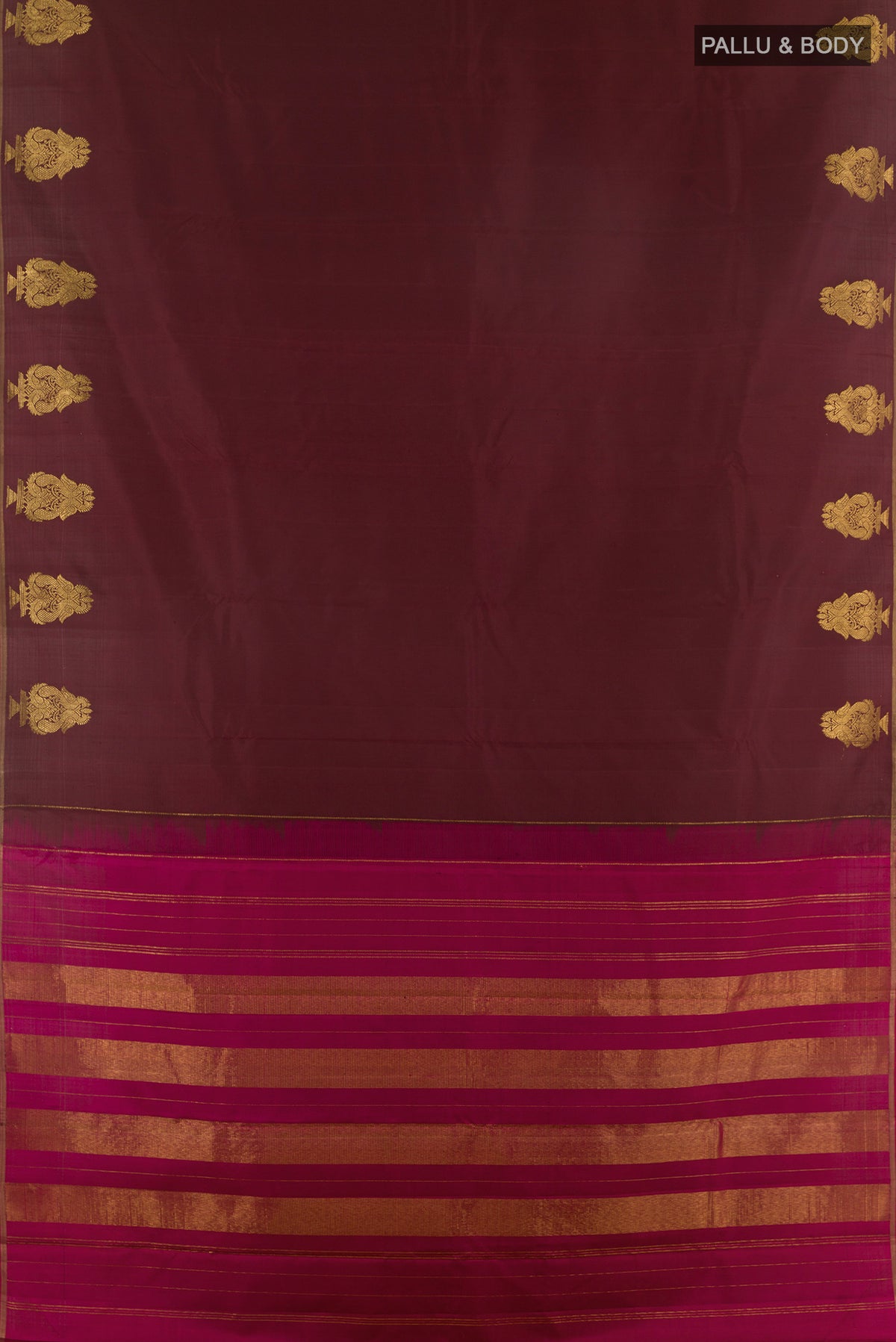 Flat view of Pure Silk Brown Kanchipuram Saree with Plain Body and Zari Border. 