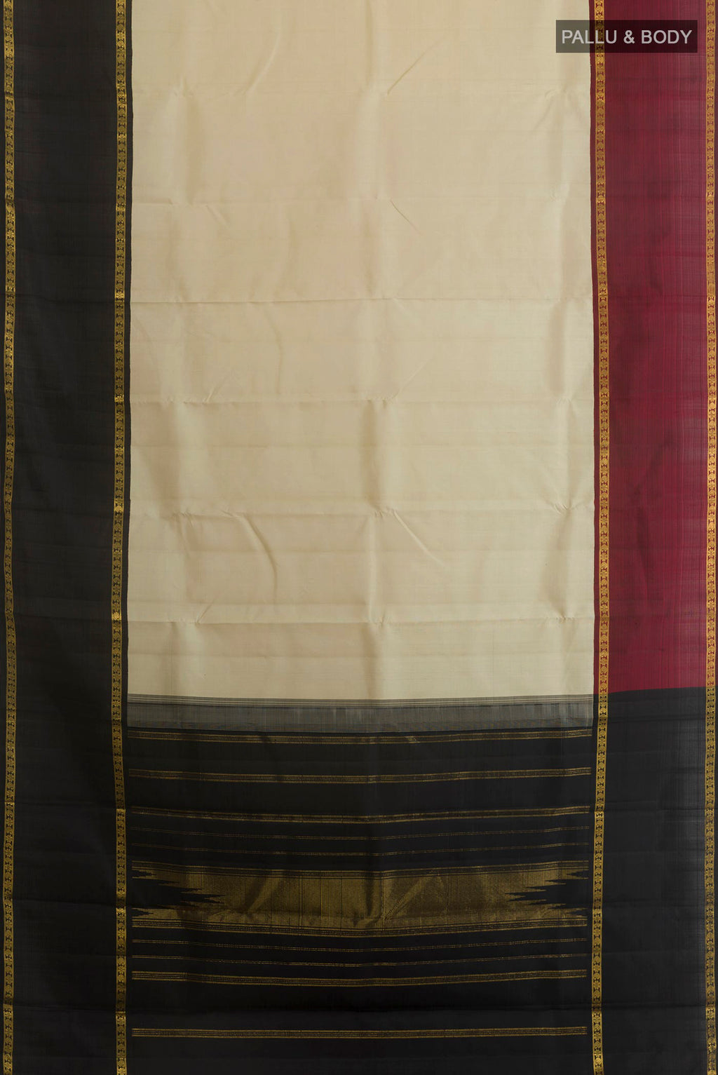 Flat view of Pure Silk Cream Kanjivaram Saree with Plain Body and Ganga Jamuna Border. 