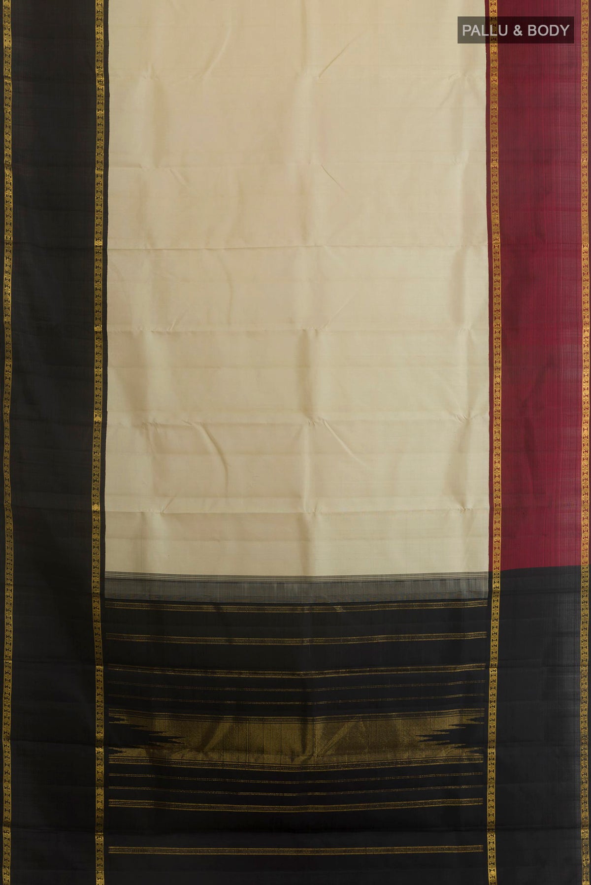 Flat view of Pure Silk Cream Kanjivaram Saree with Plain Body and Ganga Jamuna Border. 