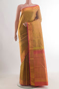 Pure Silk Mustard Kanjivaram Saree with Jacquard design on the body and Zari Border.  displayed on a mannequin