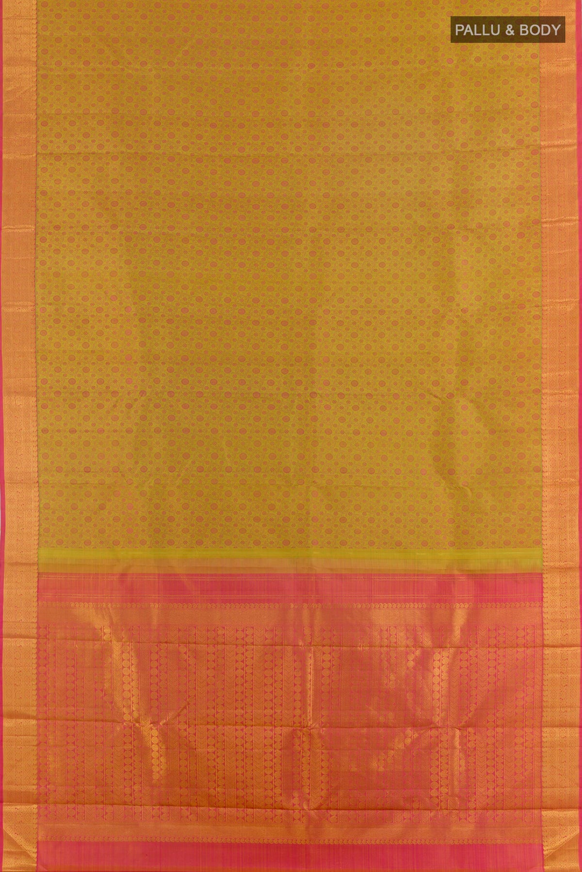 Flat view of Pure Silk Mustard Kanjivaram Saree with Jacquard design on the body and Zari Border. 