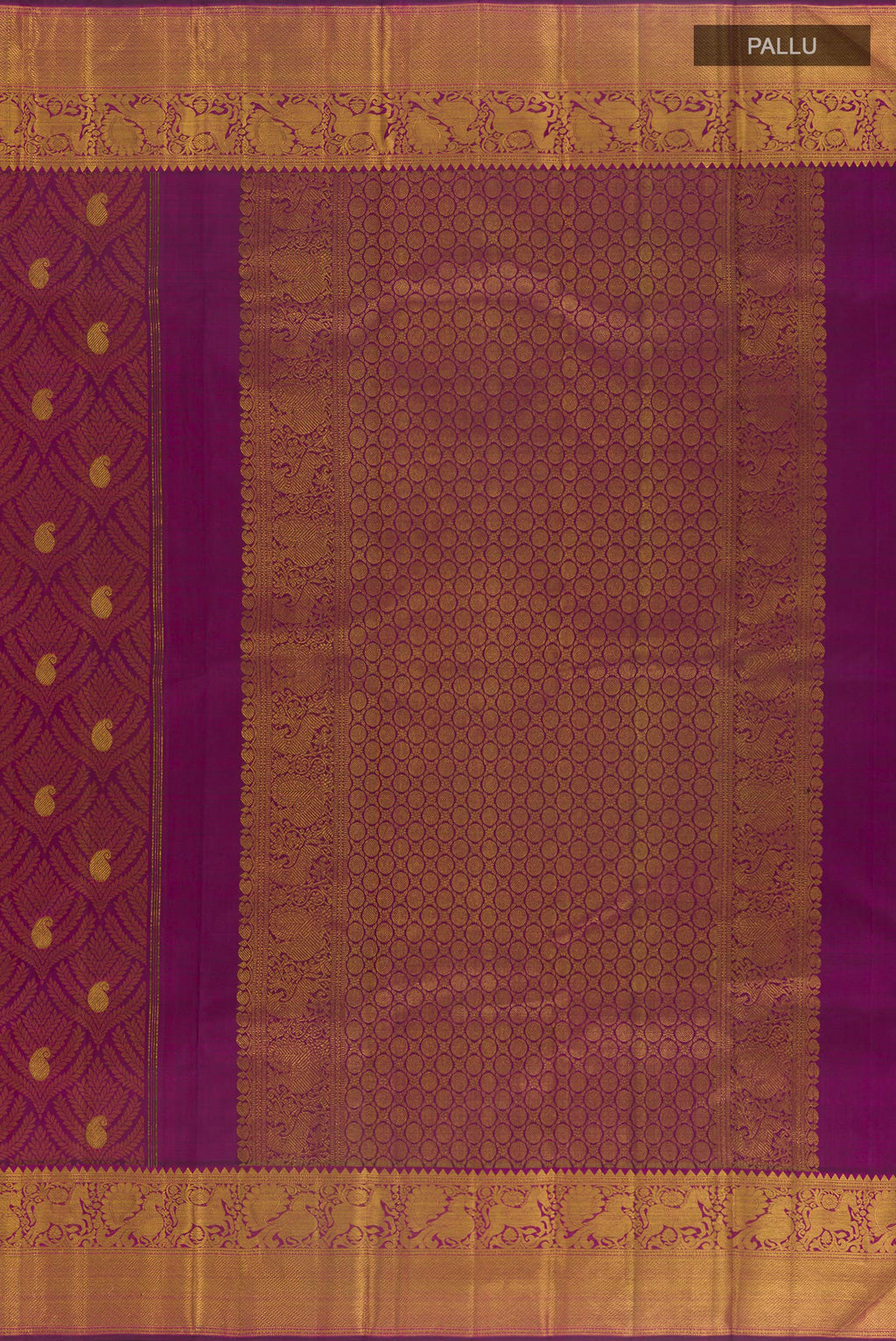 Close up image of the pallu of Pure Silk Purple Kanjivaram Saree with Jacquard With Zari Butta on the body and Zari Border. 