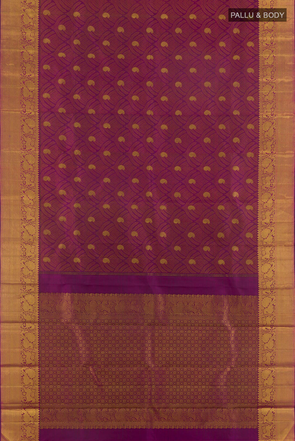 Flat view of Pure Silk Purple Kanjivaram Saree with Jacquard With Zari Butta on the body and Zari Border. 
