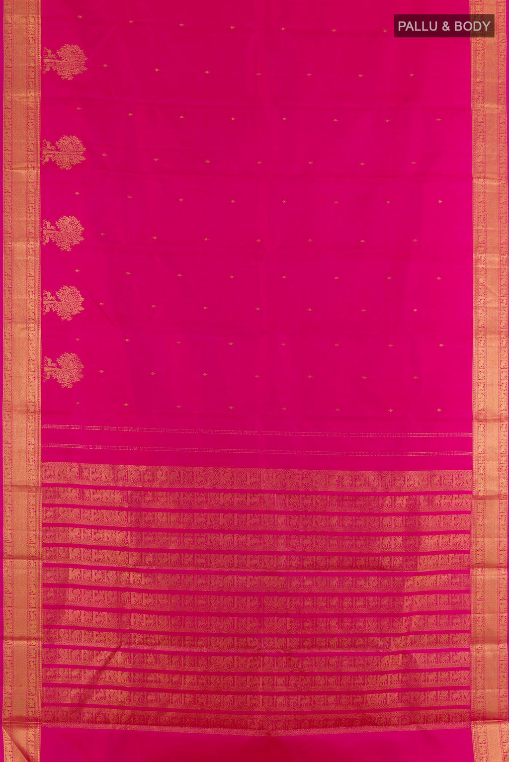 Flat view of Pure Silk Pink Kanjivaram Saree with Zari Butta on the body and Zari Border. 