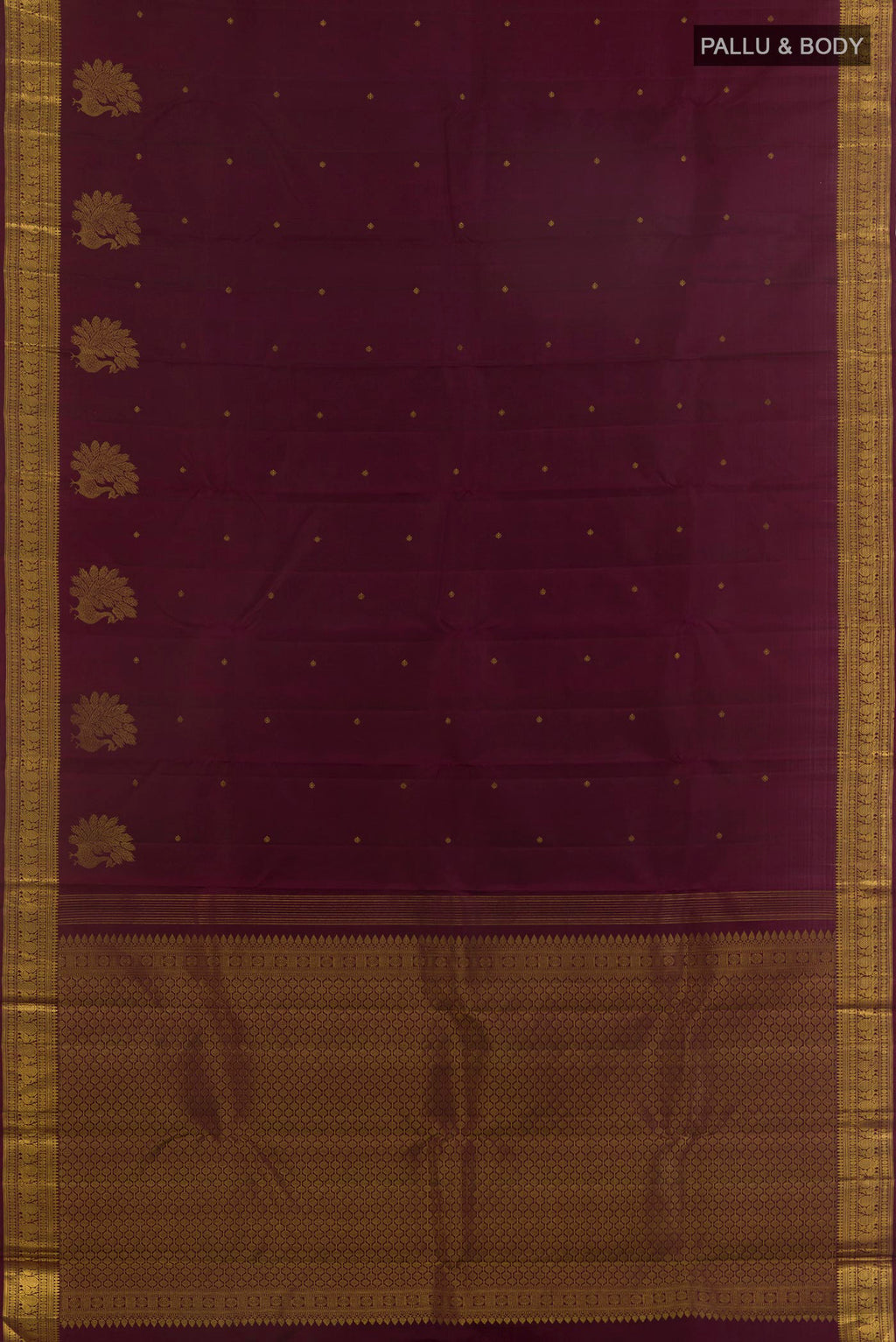 Flat view of Pure Silk Coffee Brown Kanjivaram Saree with Zari Butta on the body and Zari Border. 