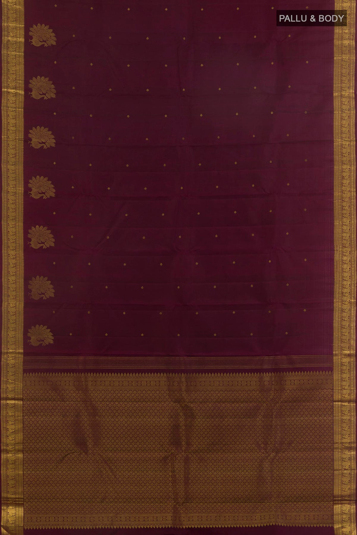Flat view of Pure Silk Coffee Brown Kanjivaram Saree with Zari Butta on the body and Zari Border. 