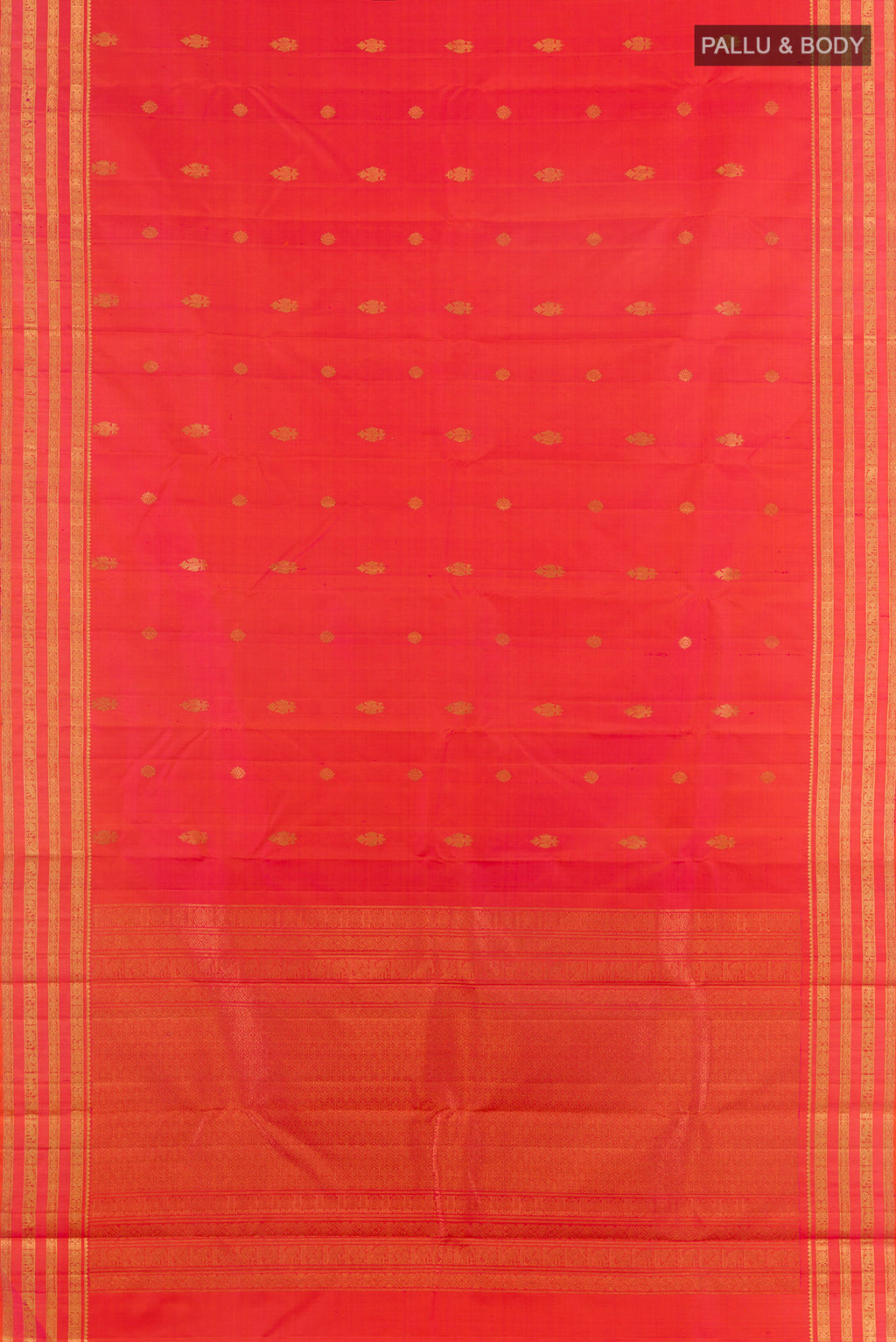 Flat view of Pure Silk Orange Kanchipuram Saree with Zari Butta on the body and Zari Border. 