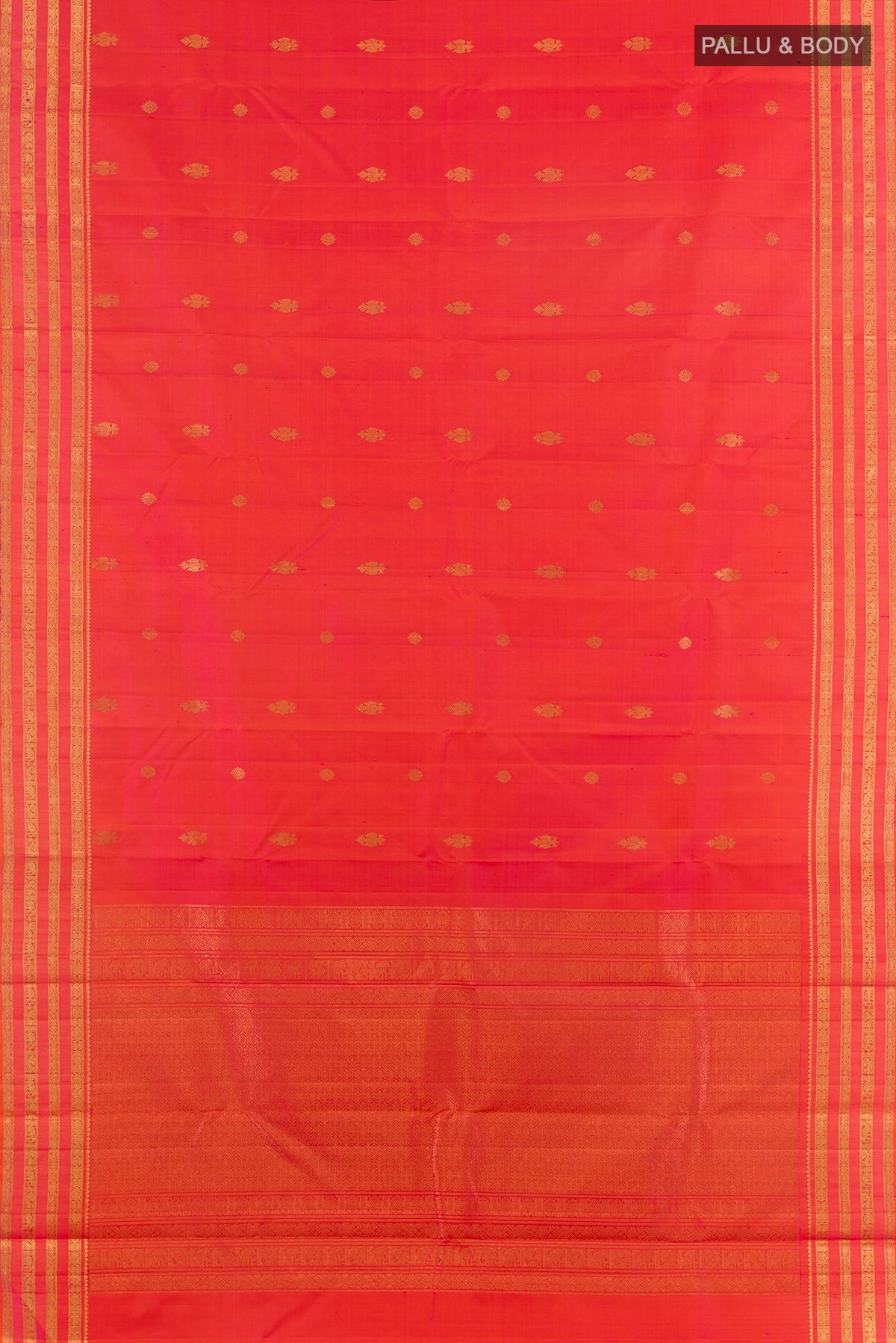 Flat view of Pure Silk Orange Kanchipuram Saree with Zari Butta on the body and Zari Border. 
