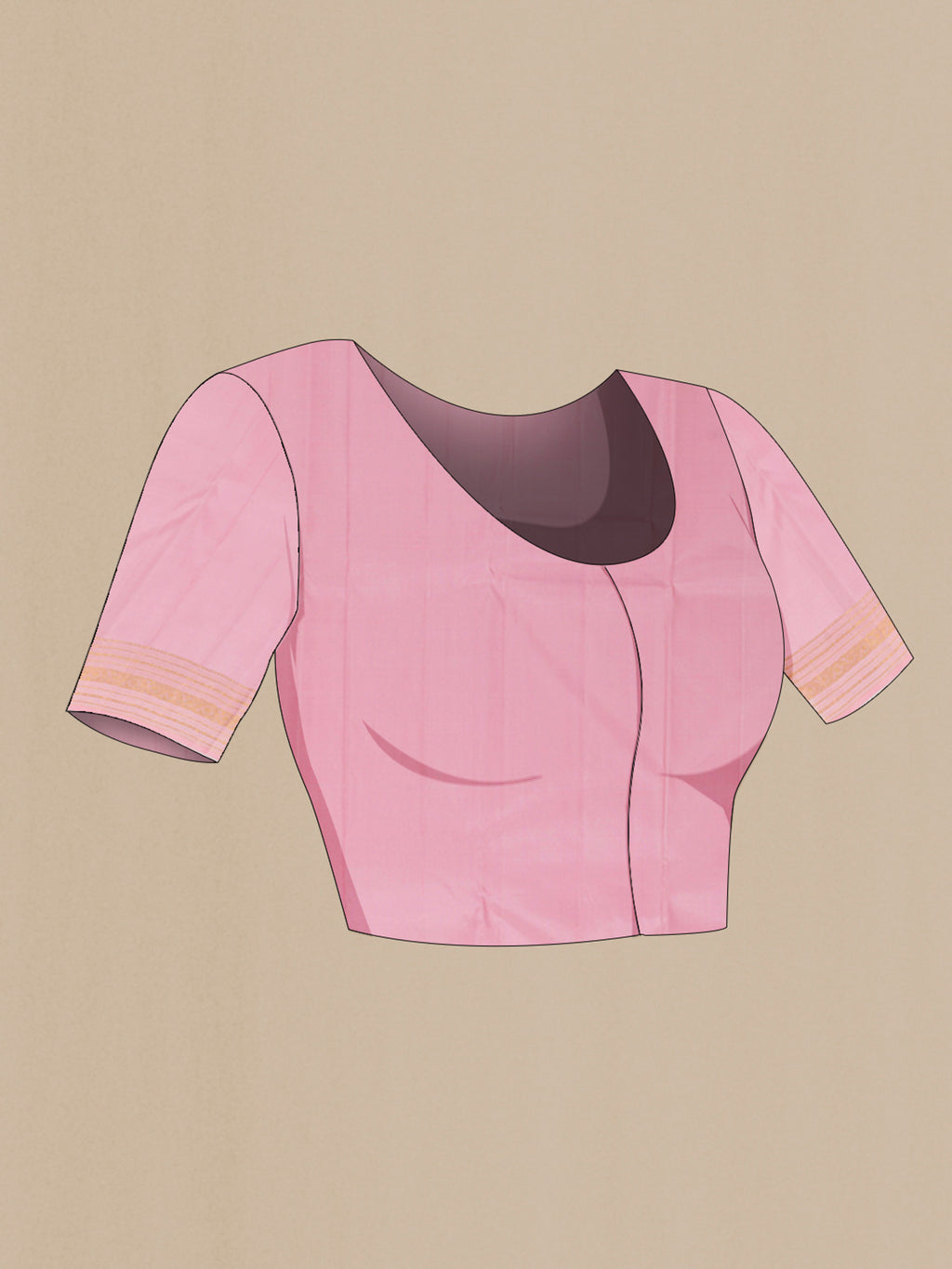 Close up image of the blouse of Pure Silk Rose pink Kanchipuram Saree with Zari Butta on the body and Zari Border. 