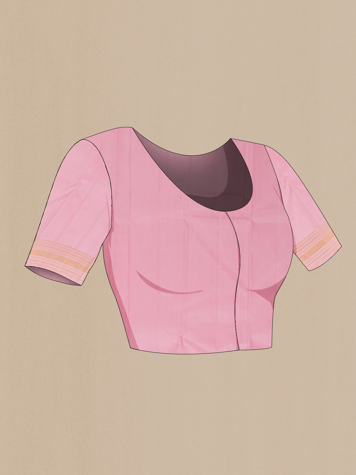 Close up image of the blouse of Pure Silk Rose pink Kanchipuram Saree with Zari Butta on the body and Zari Border. 