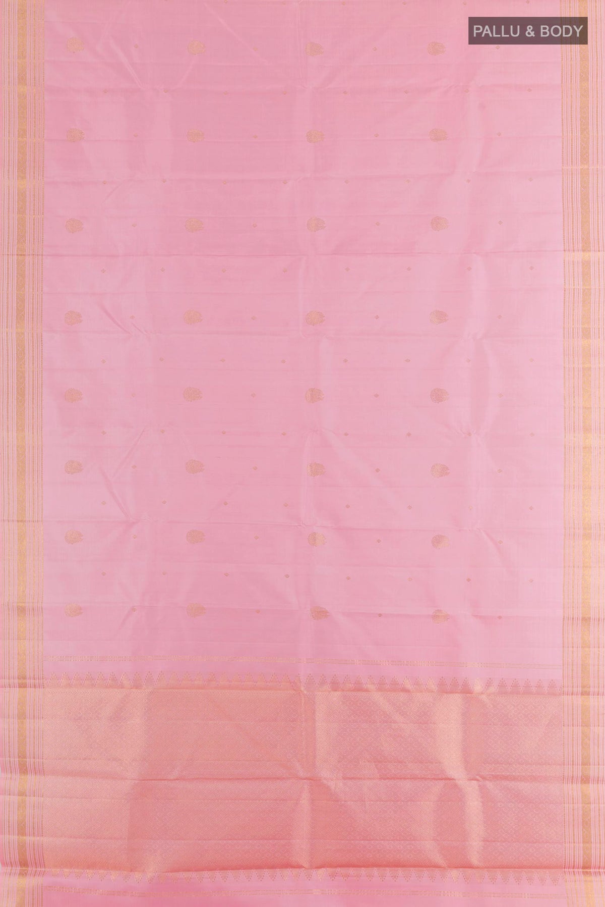Flat view of Pure Silk Rose pink Kanchipuram Saree with Zari Butta on the body and Zari Border. 