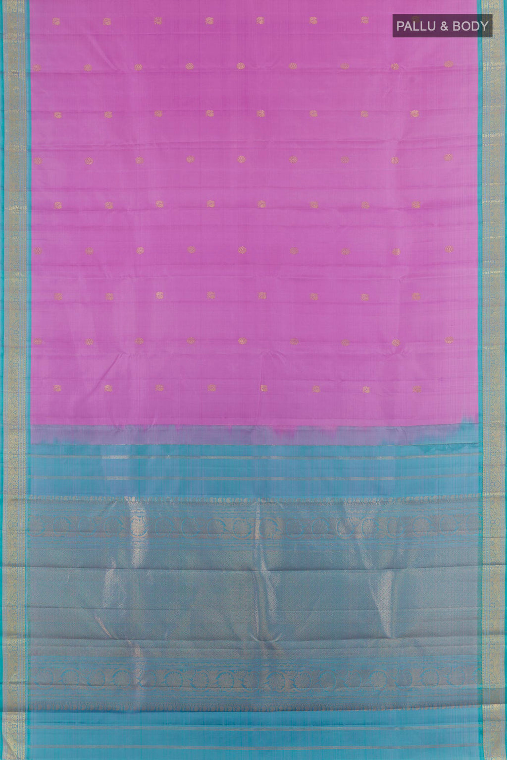 Flat view of Pure Silk Lavender Kanchipuram Saree with Zari Butta on the body and Zari Border. 