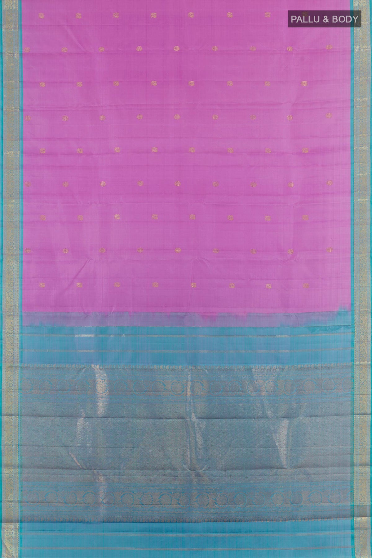 Flat view of Pure Silk Lavender Kanchipuram Saree with Zari Butta on the body and Zari Border. 