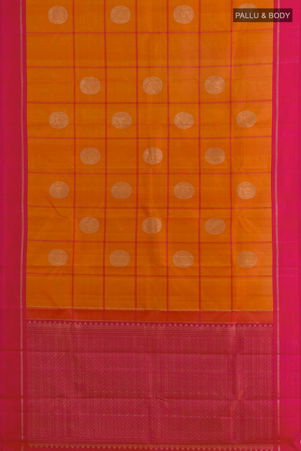 Flat view of Pure Silk Orange Kanchipuram Saree with Checked design on the body and Zari Border. 