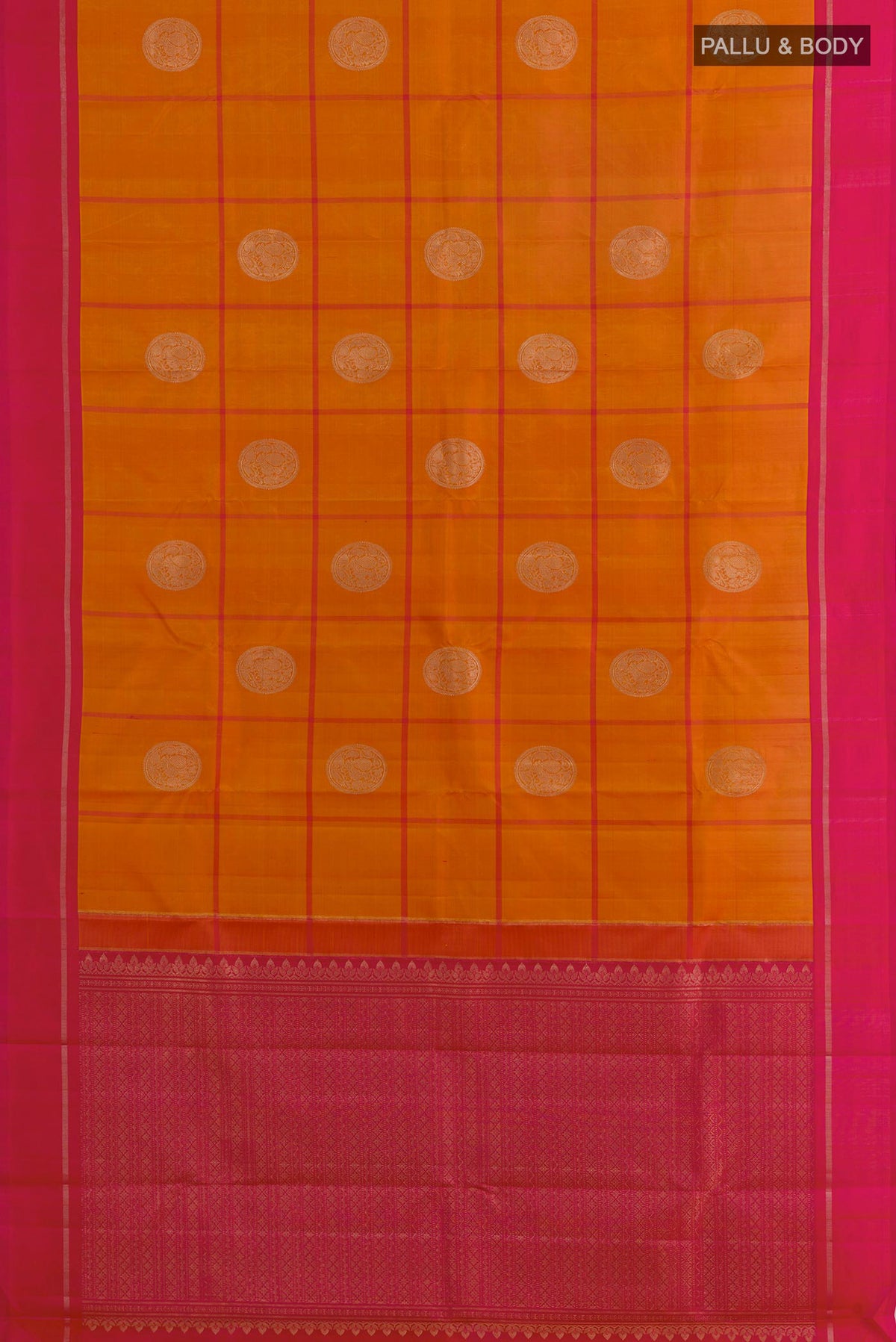 Flat view of Pure Silk Orange Kanchipuram Saree with Checked design on the body and Zari Border. 