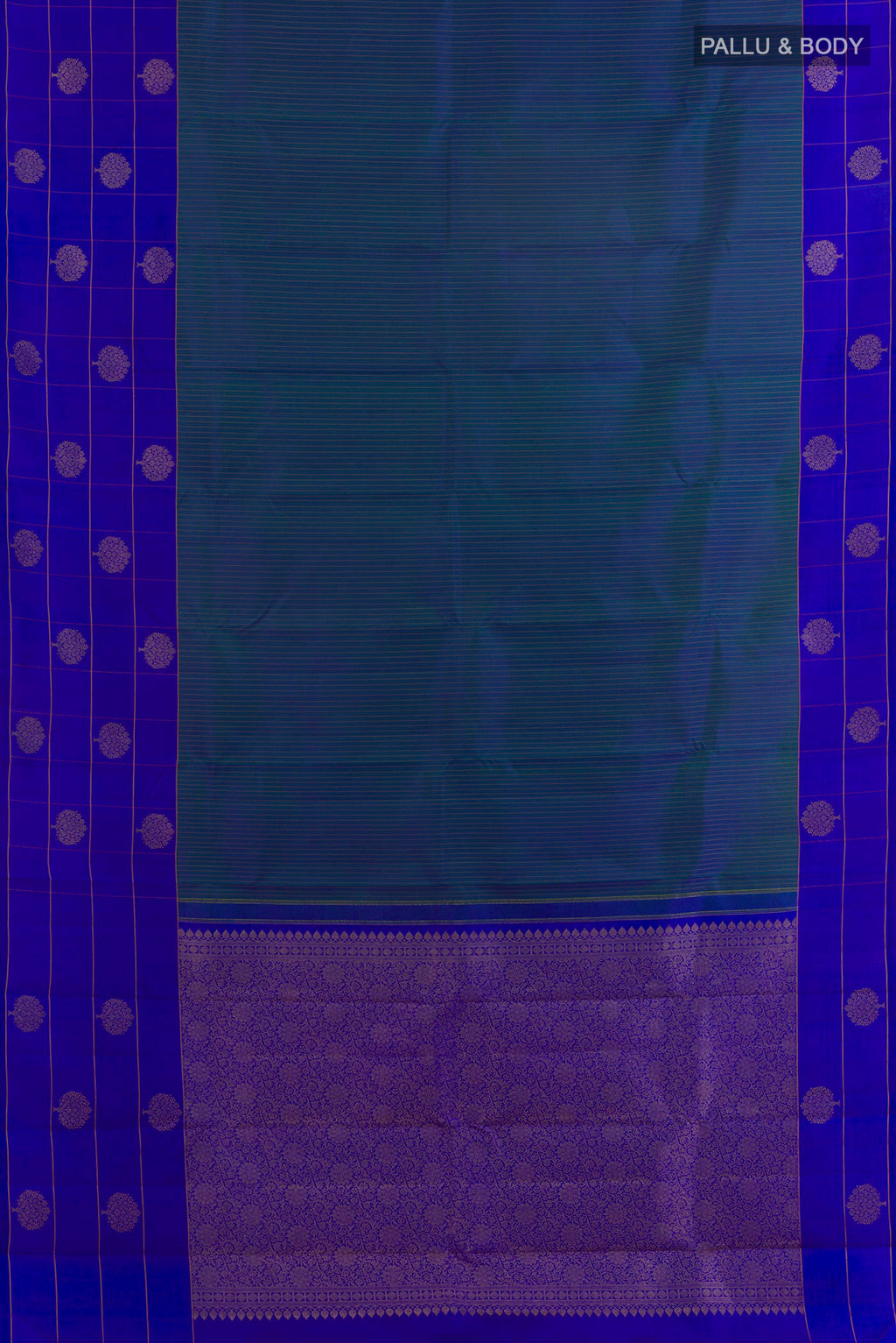 Flat view of Pure Silk Peacock Blue Kanchipuram Saree with Stripes on the body and Zari Border. 