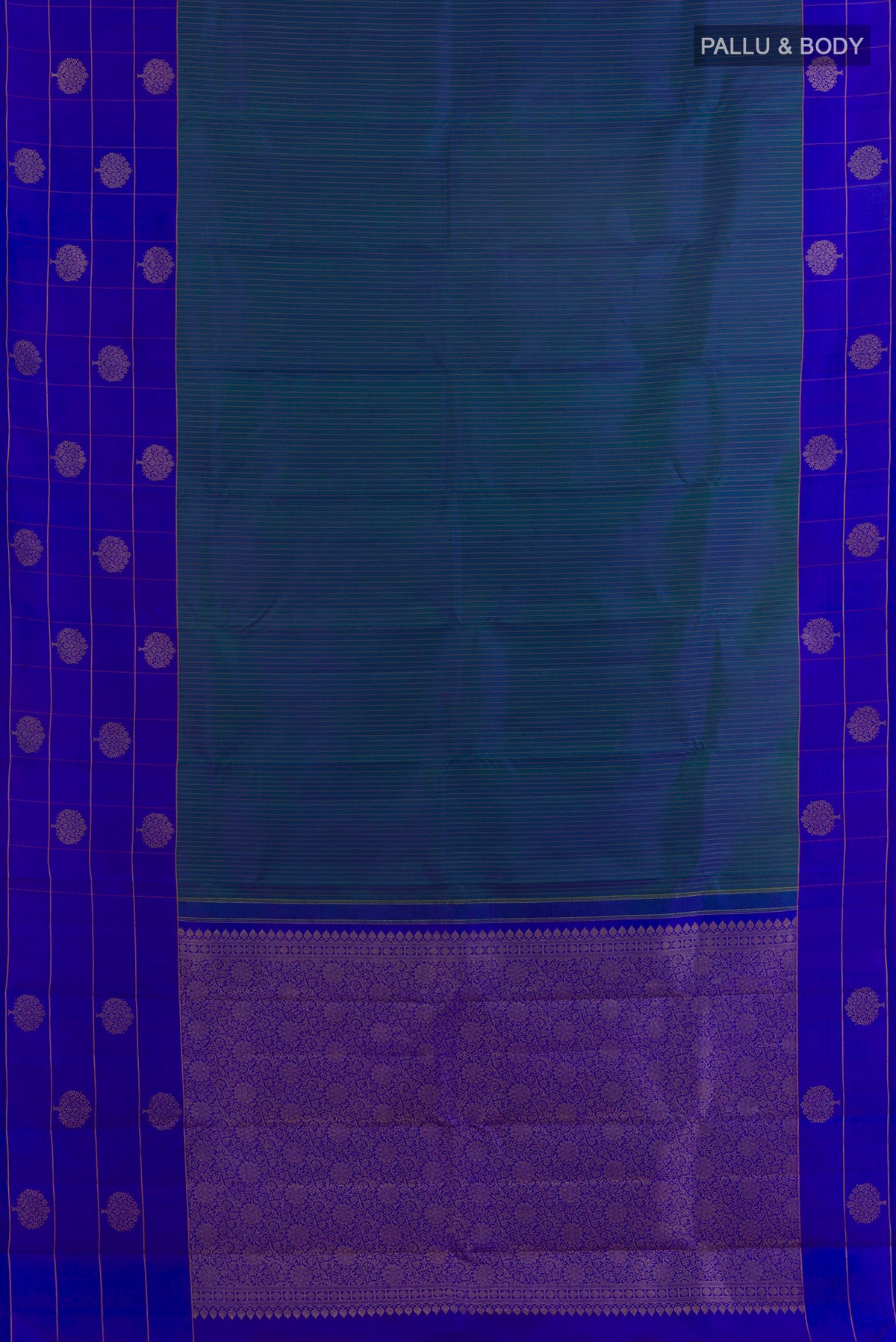 Flat view of Pure Silk Peacock Blue Kanchipuram Saree with Stripes on the body and Zari Border. 