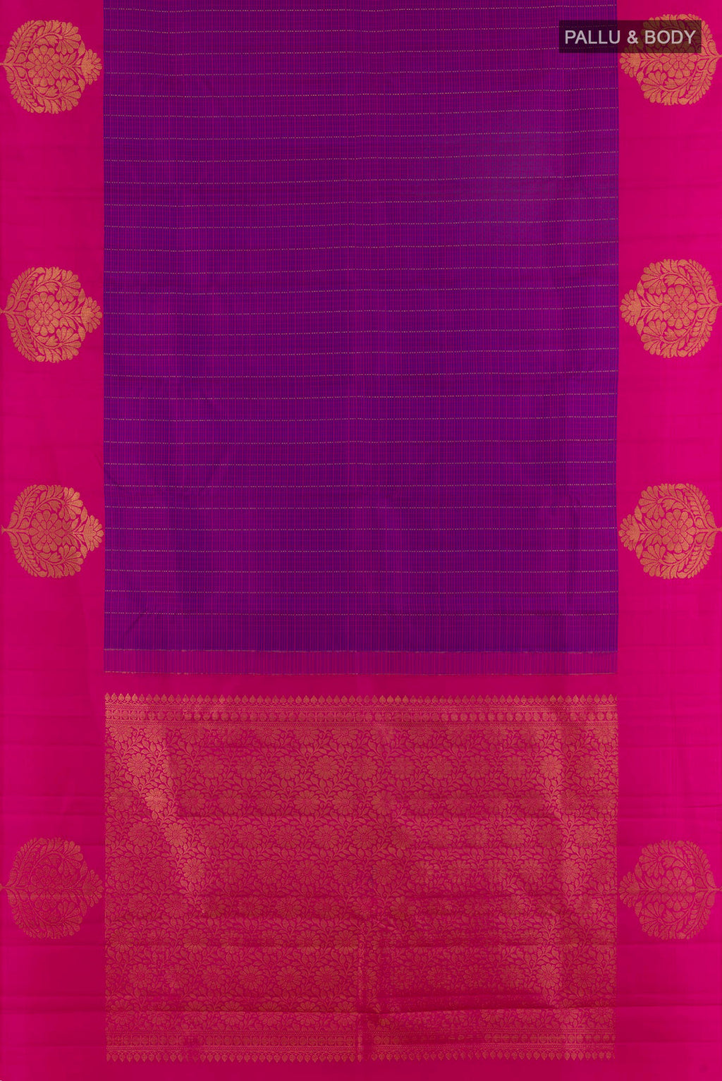 Flat view of Pure Silk Purple Kanchipuram Saree with Checked design on the body and Zari Border. 