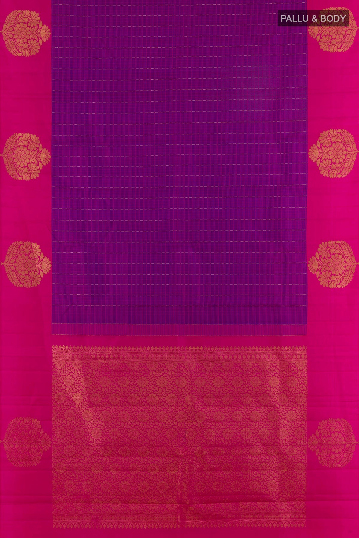 Flat view of Pure Silk Purple Kanchipuram Saree with Checked design on the body and Zari Border. 