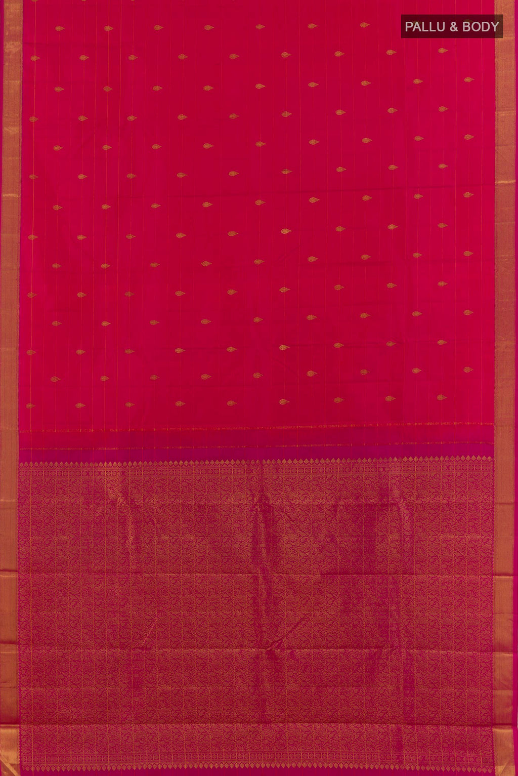 Flat view of Pure Silk Pink Kanchipuram Saree with Stripes on the body and Zari Border. 