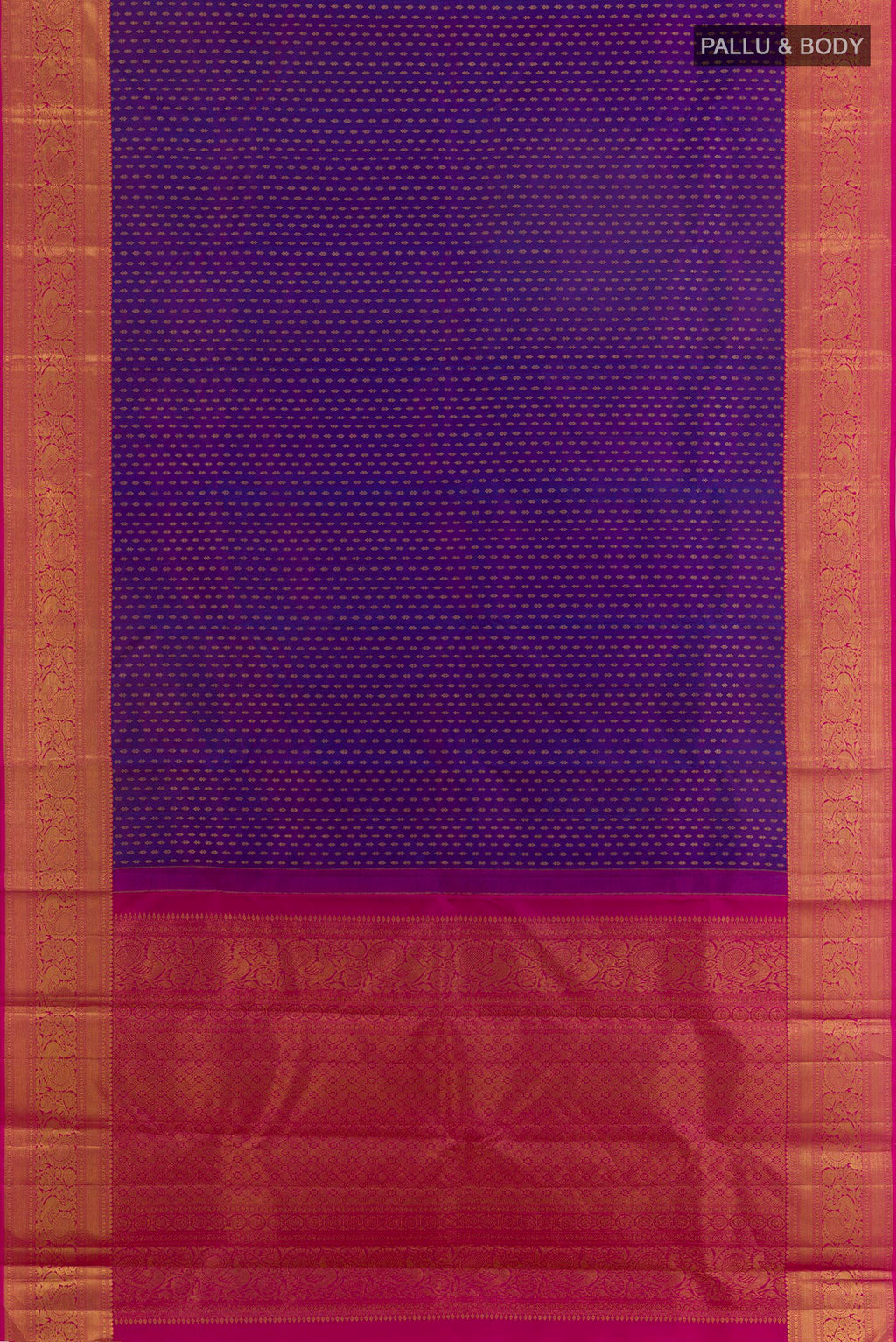 Flat view of Pure Silk Purple Kanjivaram Saree with Zari Butta on the body and Zari Border. 