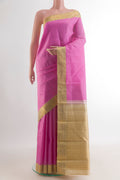 Pure Silk Pink Kanjivaram Saree with Plain Body and Zari Border.  displayed on a mannequin