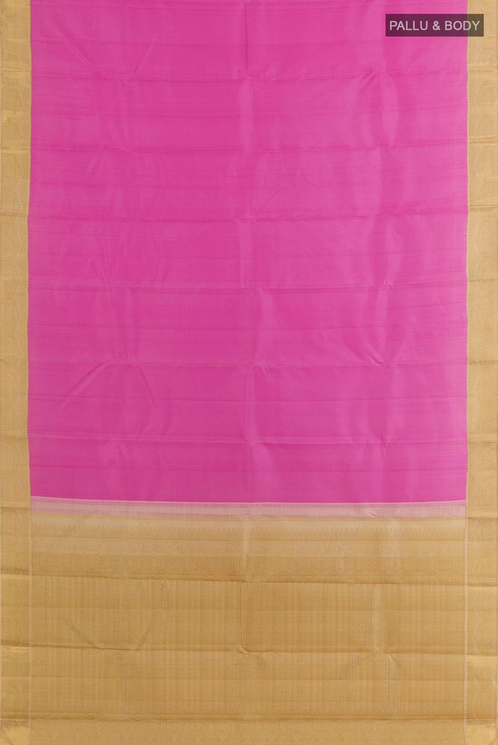 Flat view of Pure Silk Pink Kanjivaram Saree with Plain Body and Zari Border. 