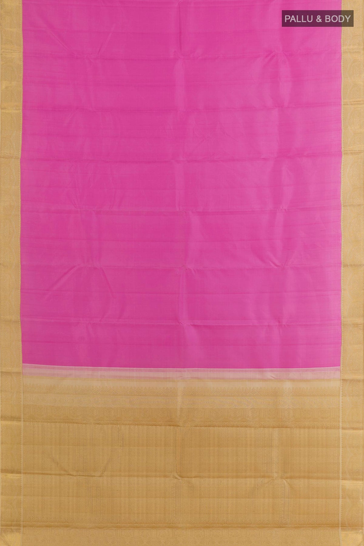 Flat view of Pure Silk Pink Kanjivaram Saree with Plain Body and Zari Border. 