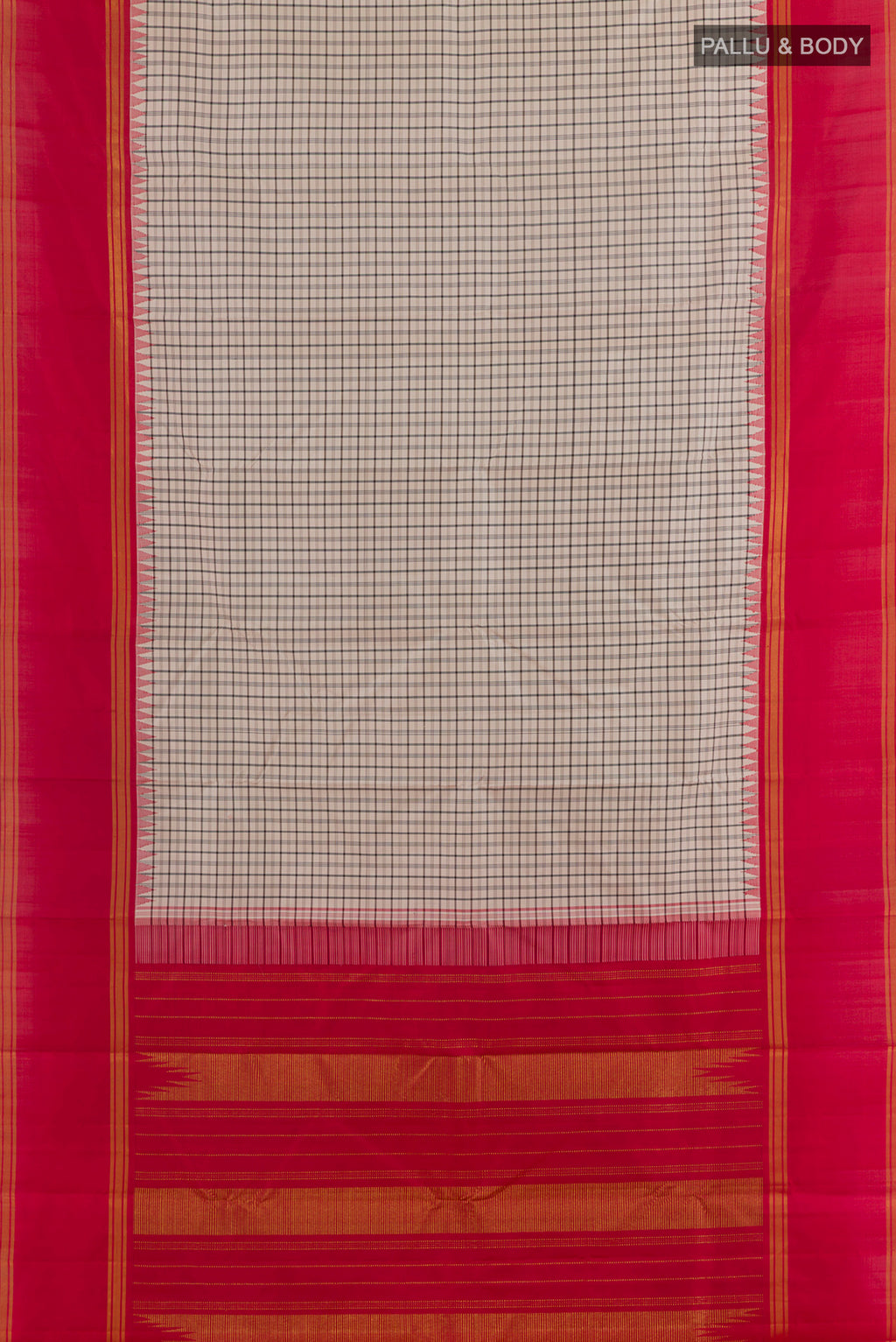 Flat view of Pure Silk Off White Kanjivaram Saree with Checked design on the body and Zari Border. 
