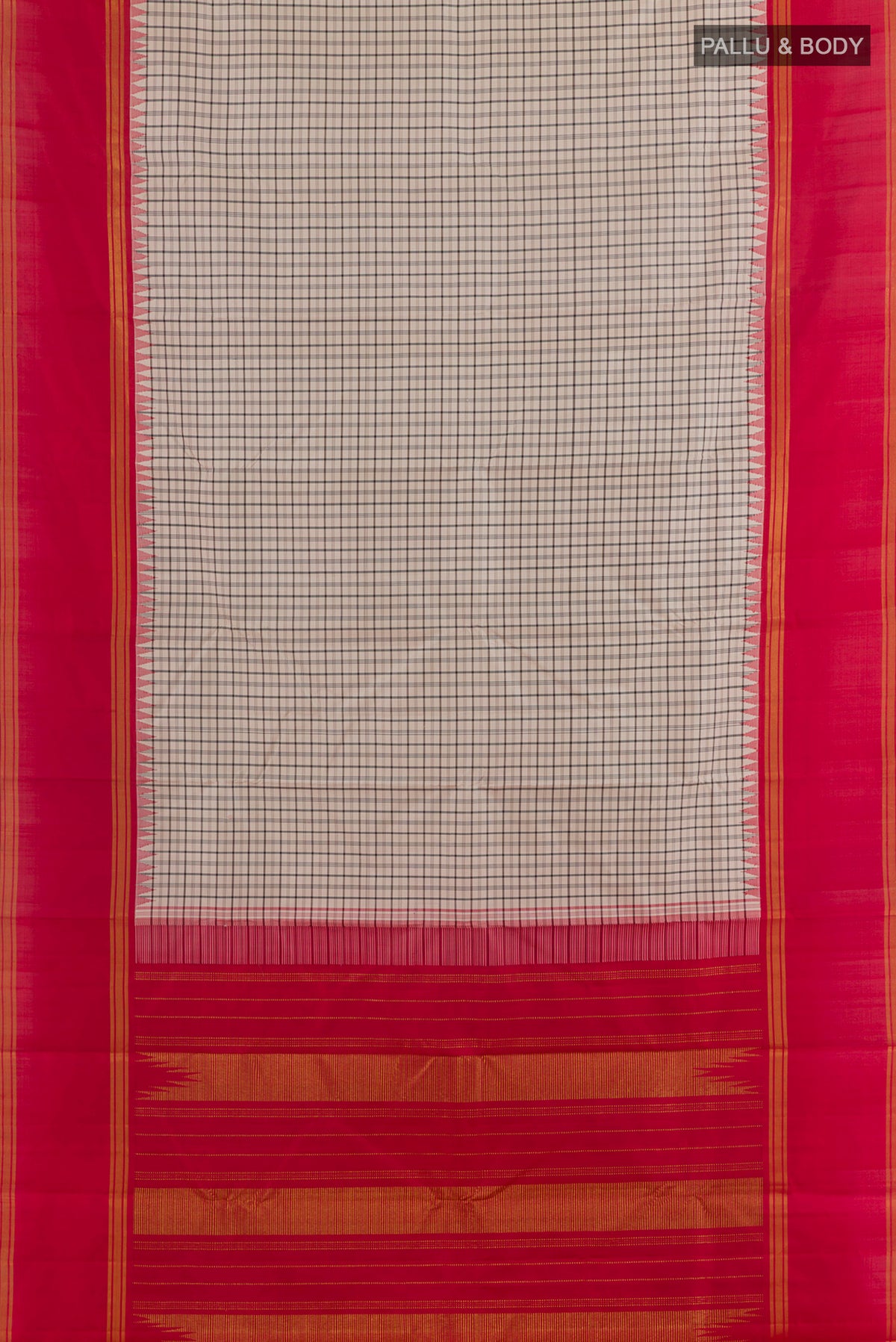 Flat view of Pure Silk Off White Kanjivaram Saree with Checked design on the body and Zari Border. 