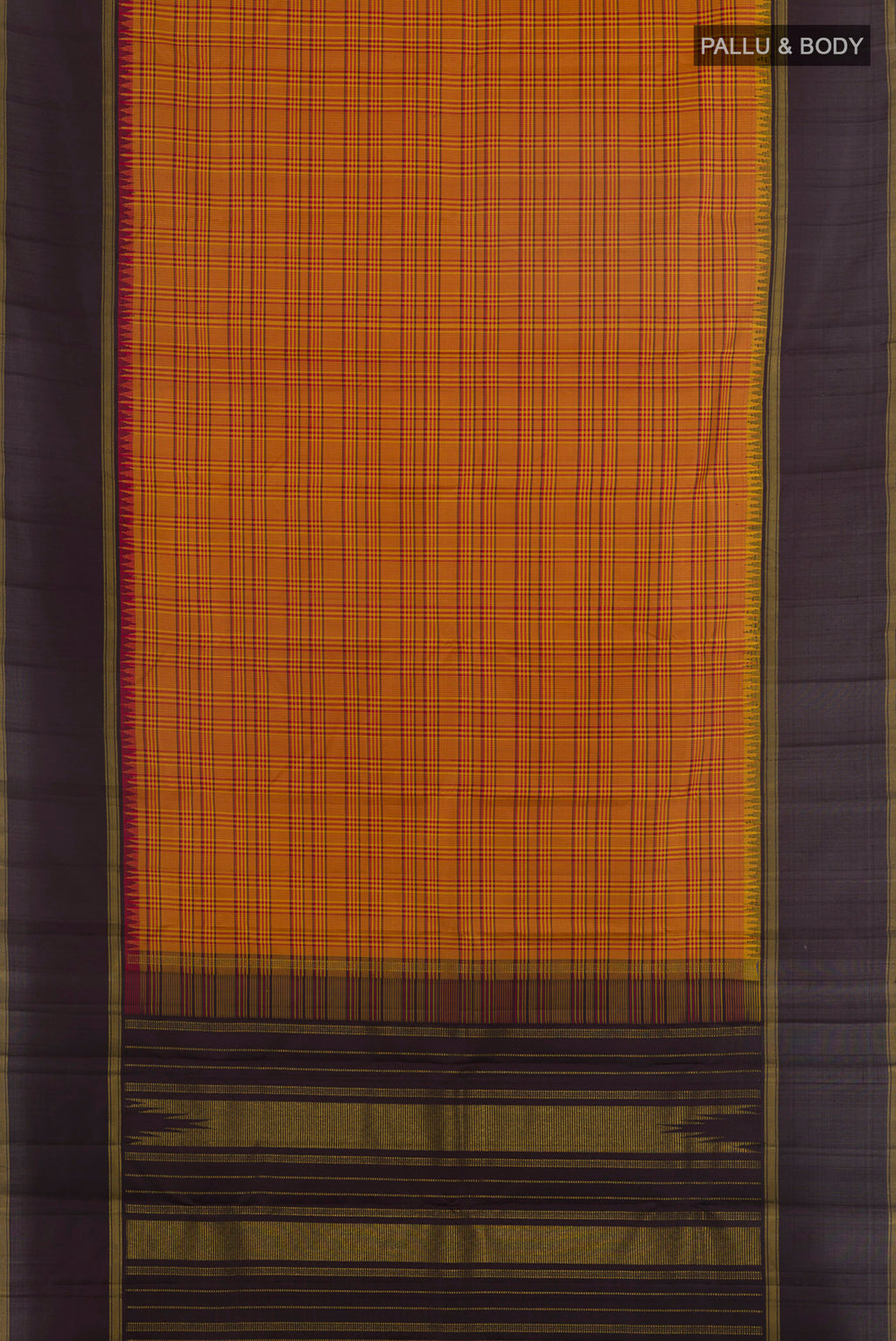 Flat view of Pure Silk Mustard Kanjivaram Saree with Checked design on the body and Zari Border. 