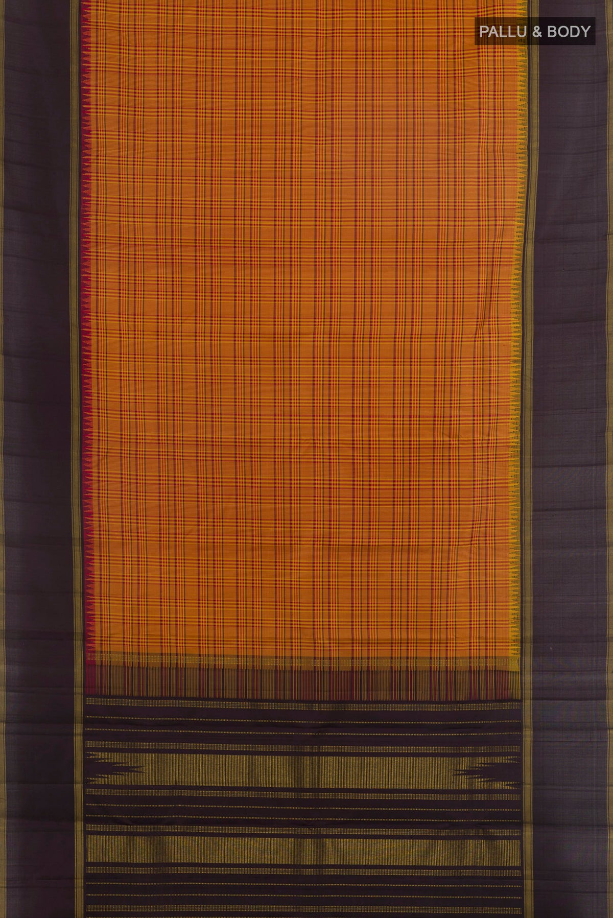 Flat view of Pure Silk Mustard Kanjivaram Saree with Checked design on the body and Zari Border. 