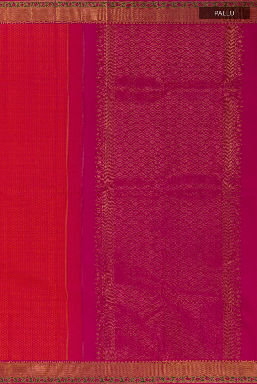 Close up image of the pallu of Pure Silk Orange with Pink Color Kanchipuram Saree with Jacquard design on the body and Zari Border. 