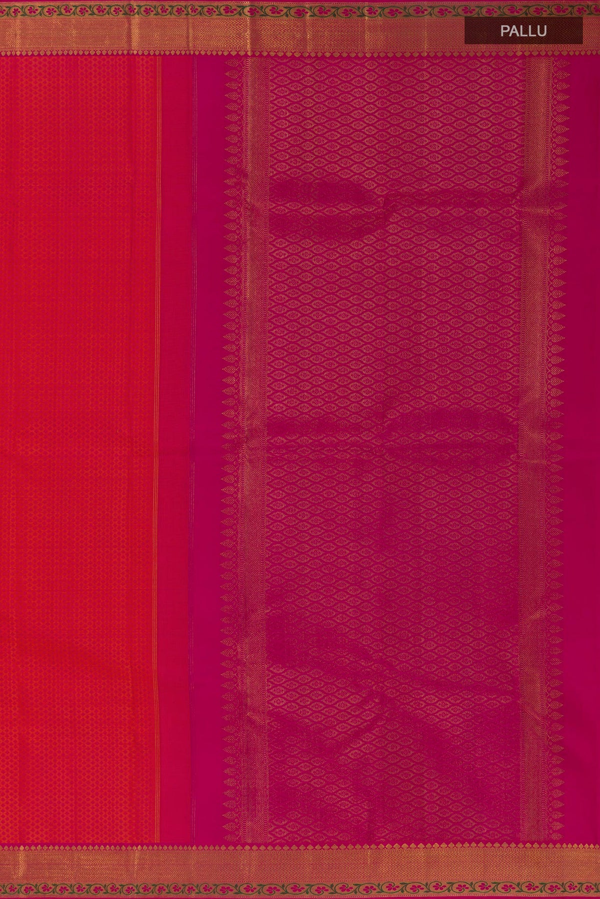 Close up image of the pallu of Pure Silk Orange with Pink Color Kanchipuram Saree with Jacquard design on the body and Zari Border. 