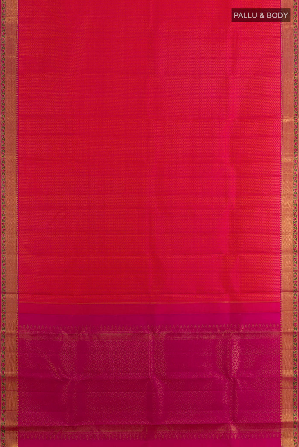 Flat view of Pure Silk Orange with Pink Color Kanchipuram Saree with Jacquard design on the body and Zari Border. 