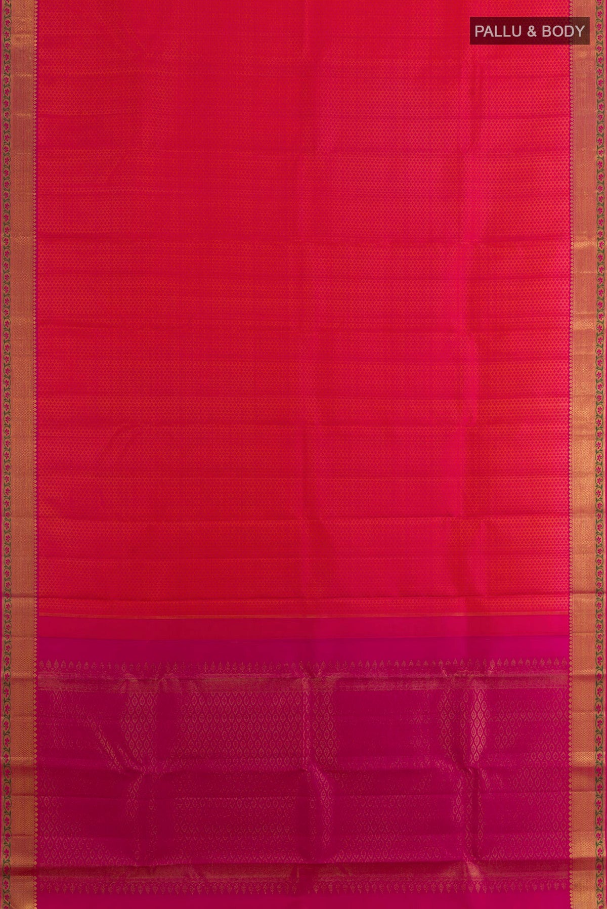 Flat view of Pure Silk Orange with Pink Color Kanchipuram Saree with Jacquard design on the body and Zari Border. 