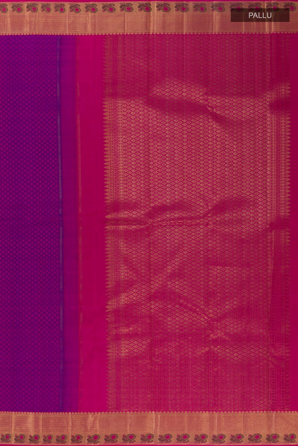 Close up image of the pallu of Pure Silk Purple Kanchipuram Saree with Jacquard design on the body and Zari Border. 