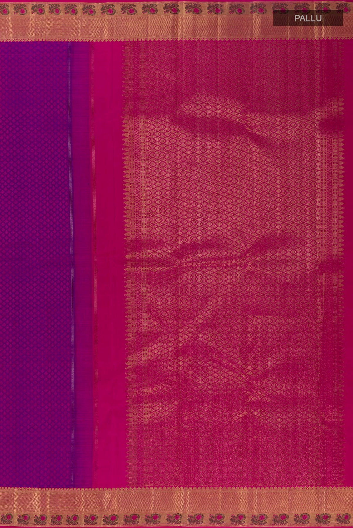 Close up image of the pallu of Pure Silk Purple Kanchipuram Saree with Jacquard design on the body and Zari Border. 