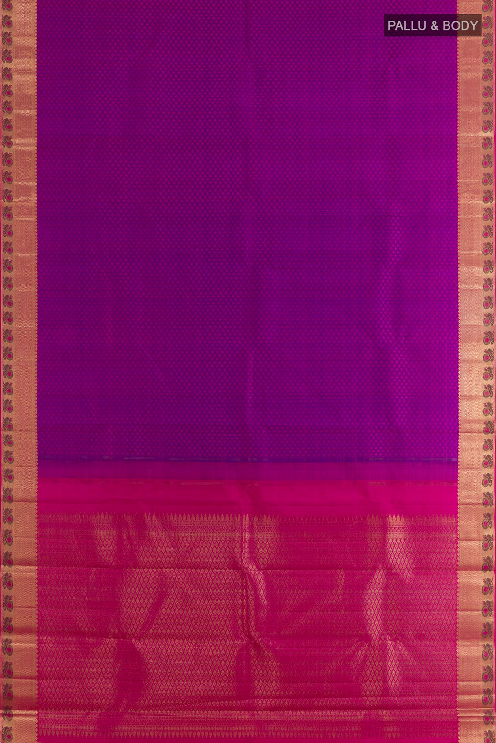 Flat view of Pure Silk Purple Kanchipuram Saree with Jacquard design on the body and Zari Border. 