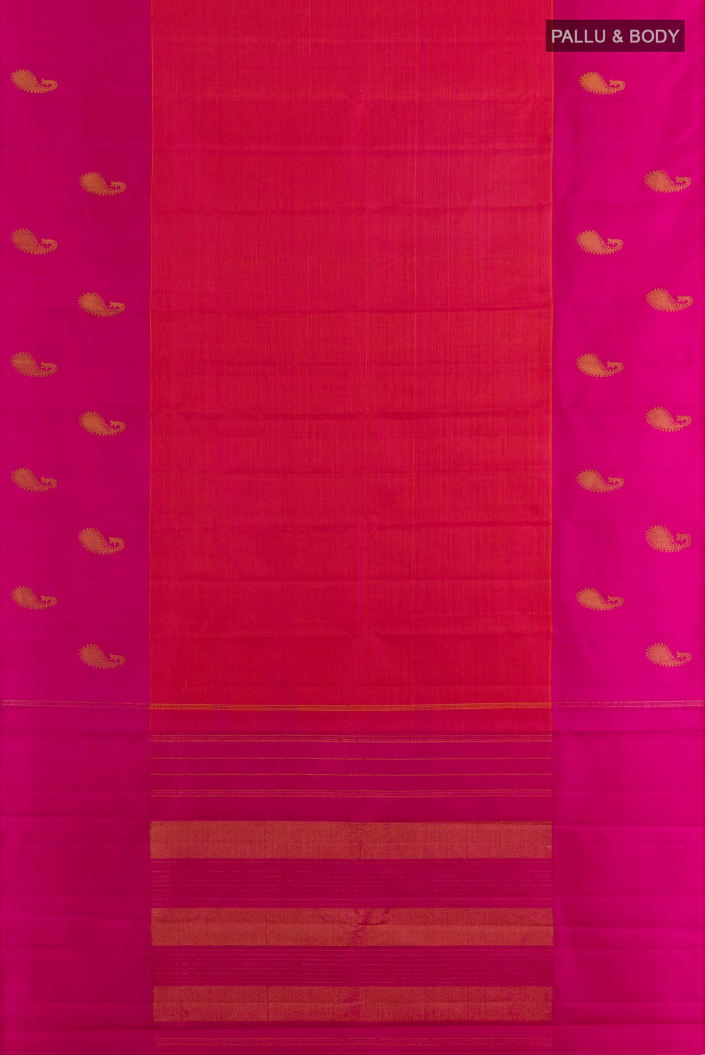 Flat view of Pure Silk Brick Orange Kanjivaram Saree with Stripes on the body and Plain Border. 